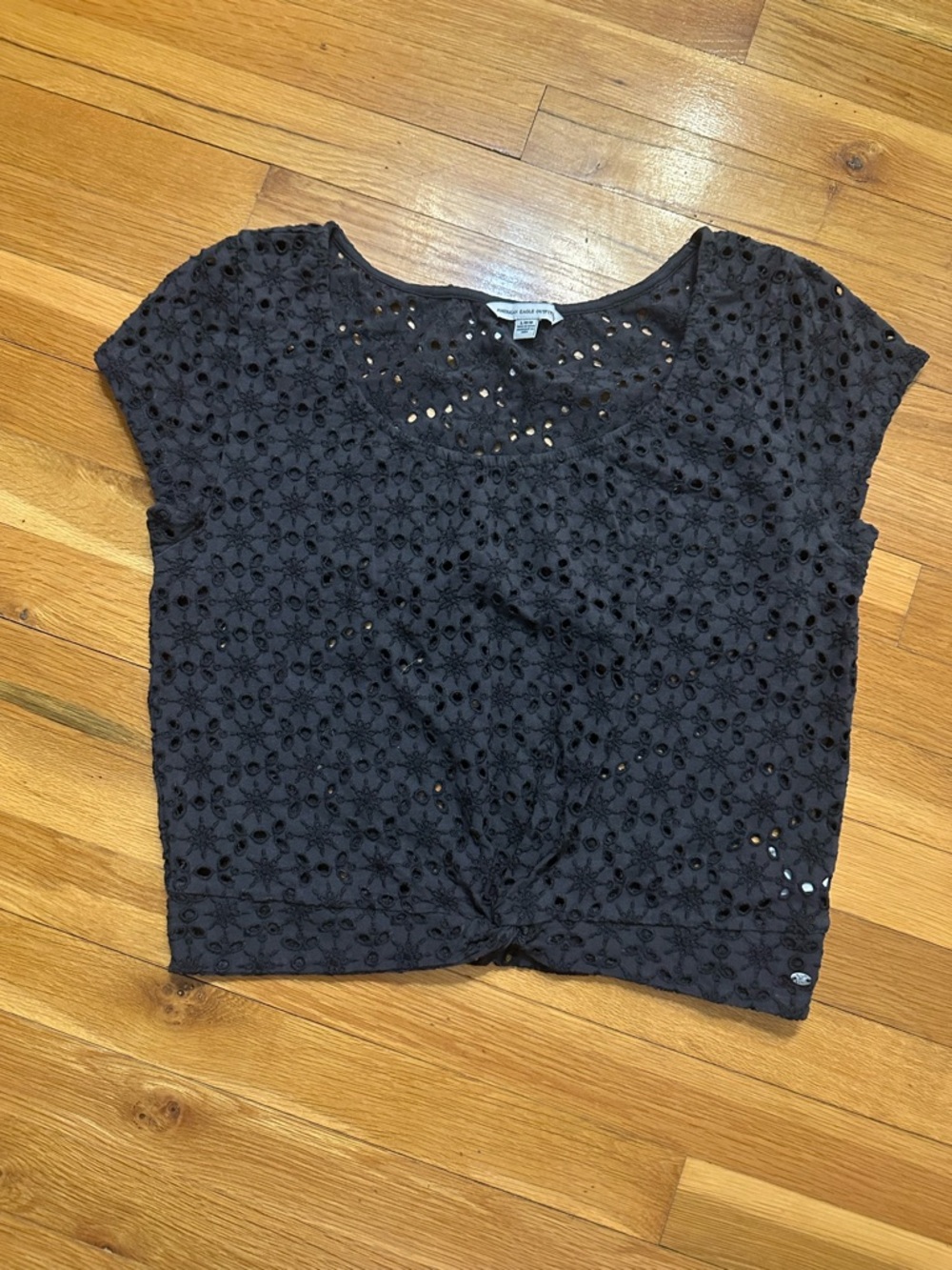 American Eagle Outfitters Black‎ Eyelet Crochet Twist Crop Top